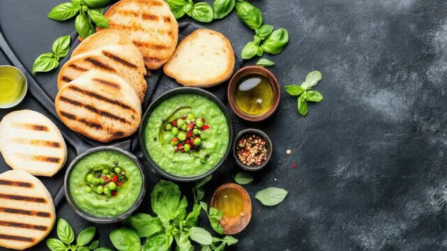 Creamy green pea dip with grilled bread basil olive oil black bowl red pepper bright inviting pesto