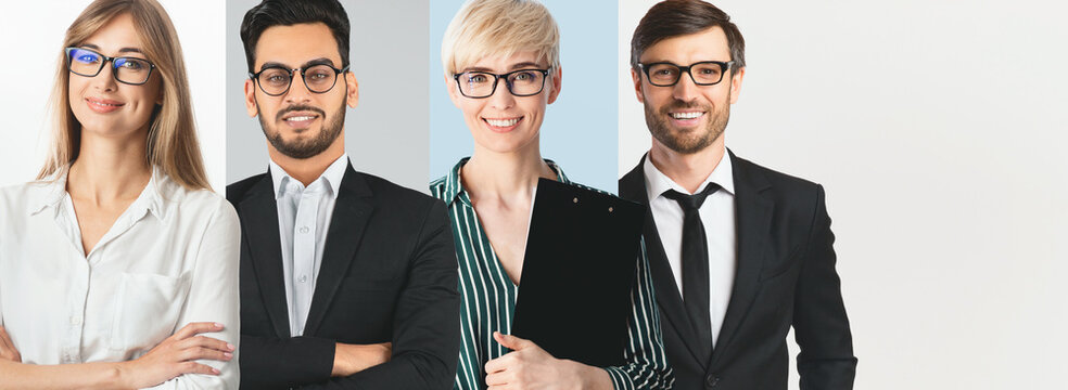 A group of diverse business professionals stands together in a modern environment, highlighting collaboration. Each person displays confidence and represents different roles within a company.