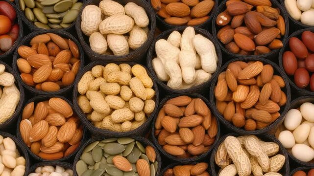 Warm roasted and raw nut peanut almond cashew seed pumpkin seed assortment in cozy bowls and baskets