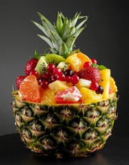 Salade de fruits d&eacute;pos&eacute;e dans un ananas et isol&eacute;e sur fond noir. Generated Image.