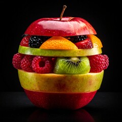Pomme rouge contenant des fruits vari&eacute;s et isol&eacute;e sur fond noir. Generated Image. 