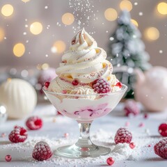 Superbe dessert glac&eacute; de No&euml;l dans un d&eacute;cor festif. Generated Image. 