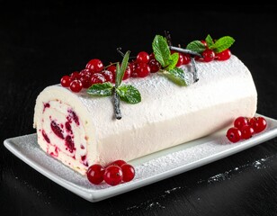 B&ucirc;che glac&eacute;e &agrave; la vanille avec fruits rouges dans un cadre festif de No&euml;l. Generated image.