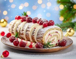 B&ucirc;che glac&eacute;e &agrave; la vanille avec fruits rouges dans un cadre festif de No&euml;l. Generated image.