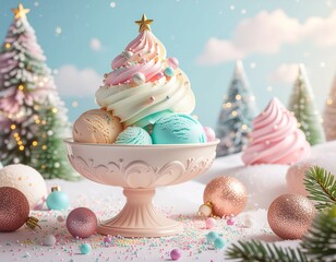 Superbe dessert glac&eacute; dans un d&eacute;cor de No&euml;l. Generated Image. 