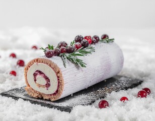 B&ucirc;che glac&eacute;e &agrave; la vanille avec fruits rouges dans un cadre festif de No&euml;l. Generated image.