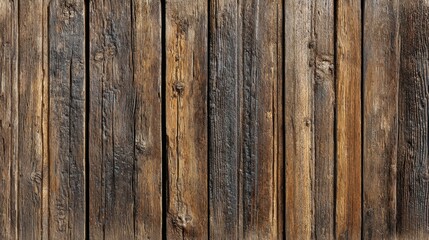 Fototapeta premium Wooden planks stand upright creating a textured surface. Each plank shows different shades of brown and grey. This arrangement gives a rustic and natural appearance typical of wood.