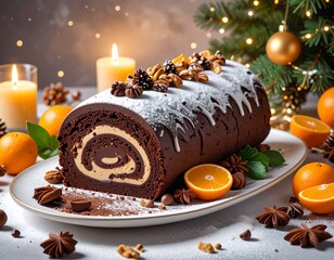 B&ucirc;che traditionnelle au chocolat et &agrave; l'orange dans un cadre festif. Generated Image. 