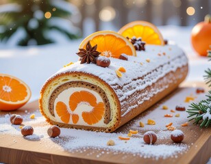 B&ucirc;che glac&eacute;e garnie de glace et de fruits dans un cadre festif de No&euml;l. Generated image. 