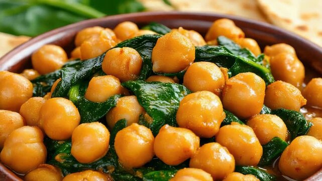 Chickpea spinach curry bowl cooked legume vegetarian warm savory comfort citrus hint steam