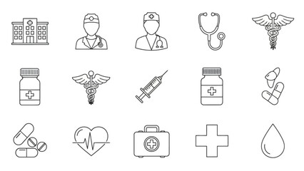 Set of medical and healthcare line icons hospital building, doctors, stethoscope, caduceus, syringe, pills, heartbeat, first aid kit, cross, blood drop outline symbols for medicine