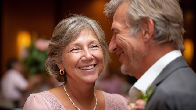 Joyful faceless couple dancing and laughing at formal wedding reception or party, happy people celebrating togetherness and love on dance floor in elegant ballroom, with copy space - Powered by Adobe
