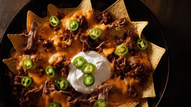 Pulled beef nacho skillet loaded with cheddar cheese, sour cream, jalapeno and tortilla chip layers