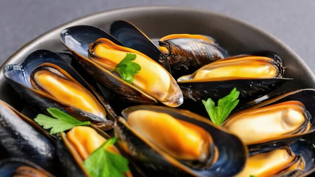 Steamed mussel shell orange meat parsley seafood bowl with glossy shells and warm appetizing