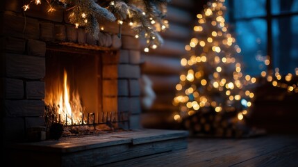 Obraz premium A warm glow from a fireplace fills the room while a decorated tree stands nearby. Lights twinkle on the tree as the blue evening light comes through the window.