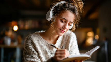 Young faceless woman wearing wireless headphones sits in cozy living room and takes notes in notebook, enjoying reading or studying, education relaxation comfort concept, with copy