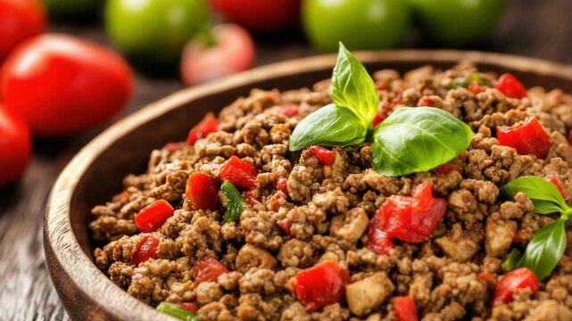Savory ground beef red pepper basil in wooden bowl with minced meat cooked meat rustic appeal