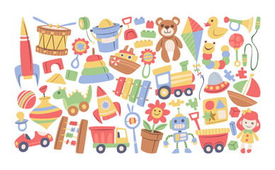 Large and vibrant arrangement of hand-drawn children toys diverse objects for childhood fun