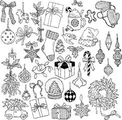 Christmas Decor Line Art Set, Hand Drawn Holiday Elements, Winter Doodle pack Illustration
