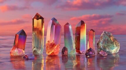 Obraz premium Crystals of various shapes and colors stand on smooth water surface. The sun sets in the background casting bright colors across the scene. The atmosphere looks vibrant and lively.