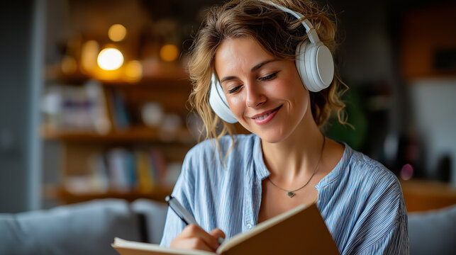 Young faceless woman wearing wireless headphones sits in cozy living room and takes notes in notebook, enjoying reading or studying, education relaxation comfort concept, with copy - Powered by Adobe