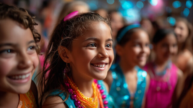 Faceless children gather in lively school gym showcasing colorful outfits and joyful expressions as they dance and celebrate during evening event, defocused youth party, with copy 