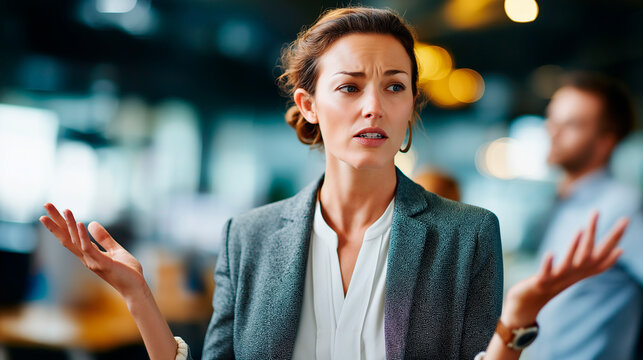 Faceless businesswoman with confused expression gesturing defocused colleague background anonymous professional during discussion conflict resolution concept team brainstorming