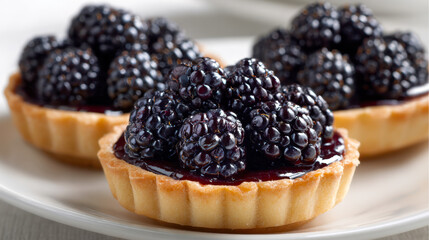 Delicious fresh mini fruit tarts topped with juicy blackberries and glossy berry glaze served on white ceramic plate for dessert or snack time enjoyment