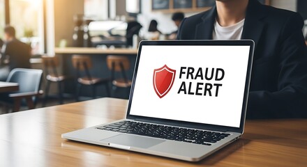 Laptop displaying Fraud Alert warning sign on screen in a modern office setting.