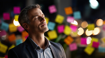 Fototapeta premium Faceless contemplative businessman amidst whirlwind of colorful sticky notes heavily defocused chaotic background anonymous professional finding inner peace zen in chaos concept