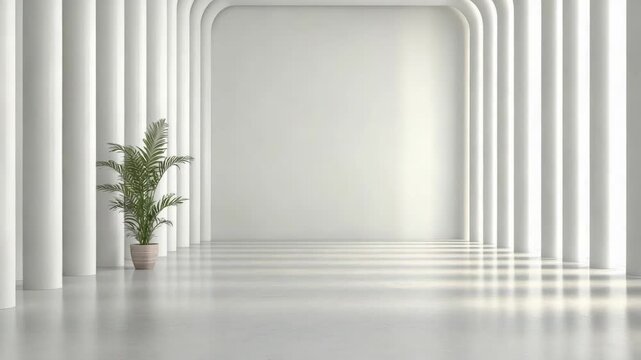 Minimalist interior arch colonnade potted palm plant arched gallery corridor with soft light
