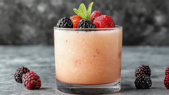 Peach smoothie topped with mixed berry blackberry raspberry and mint leaf creamy texture