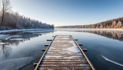 Illustration of serene frozen lake with a worn wooden dock, surrounded by snow-covered evergreen trees.