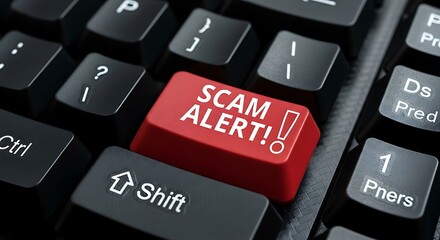 Red Scam Alert Button on a Computer Keyboard Close Up.