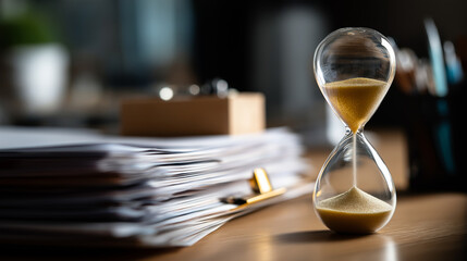 Hourglass sand timer with deadline urgency defocused paperwork background time management pressure visualization document office stack stress finance account urgency bill