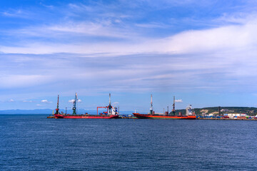 Ships docked in a quiet harbor under a bright blue sky near a coastal town