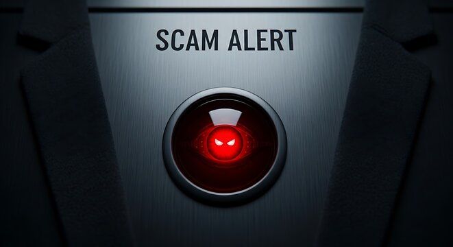 Scam Alert Warning Button with Red Glowing Light.