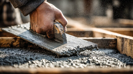 Worker smoothing freshly poured concrete with a wooden float on a construction site to create an even and durable surface for building foundations and floors