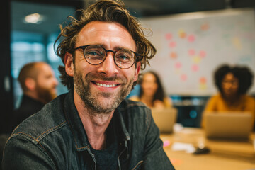 Smiling confident man in glasses participating in a creative team meeting with diverse colleagues in a modern office environment