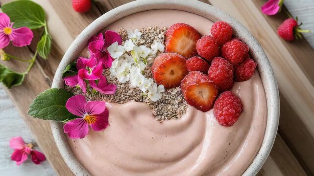 Pink smoothie raspberry strawberry bowl with chia seed edible flower oats and fresh mint