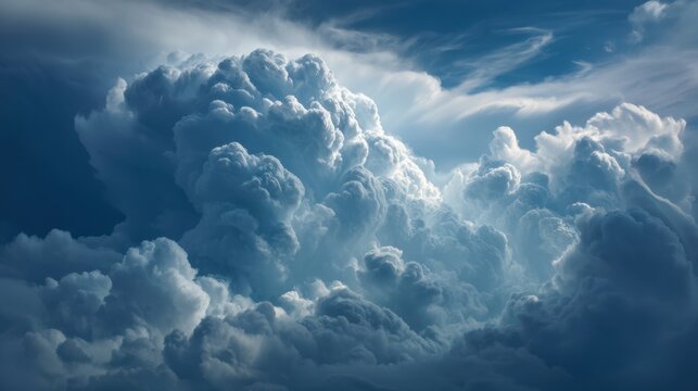 Fluffy clouds fill the sky in the afternoon with different shapes and shades blending together. The sunlight filters through illuminating parts of the clouds.