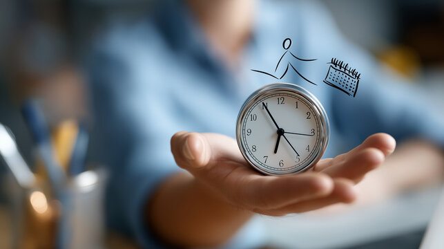 Stick figure illustration handling clock and calendar defocused background elements time management art visualization focus improvement strategy overwhelm reduction techniques