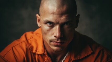 Fototapeta premium A man wearing an orange prison outfit sits under low light. He looks directly at the viewer with a serious expression. The focus is on his facial features and intensity in his eyes.
