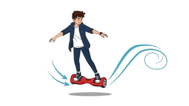 Young man riding a red hoverboard with blue energy trails, showcasing modern personal transportation and futuristic mobility.