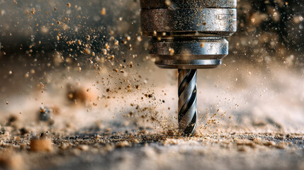 High-speed spinning drill bit cutting through wood with flying sawdust particles against a blurred workshop background during woodworking process