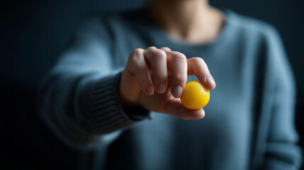 Close up of faceless hand squeezing bright yellow stress ball defocused dark gray background anonymous person demonstrating stress relief therapy and anxiety management tool