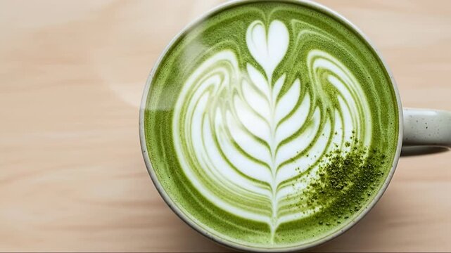 A beautifully crafted green tea latte, featuring intricate latte art in white foam resembling a delicate leaf or floral pattern, elegantly topped with a heart shape. Gentle steam rises from the warm b