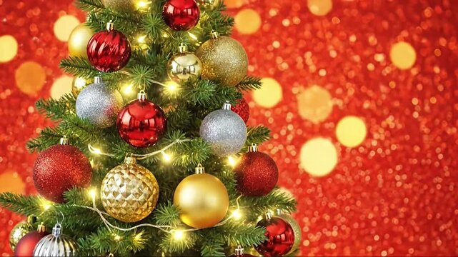 A beautifully decorated evergreen tree stands adorned with a vibrant array of festive ornaments, showcasing rich red, shimmering gold, and elegant silver hues, some detailed with sparkling glitter tex