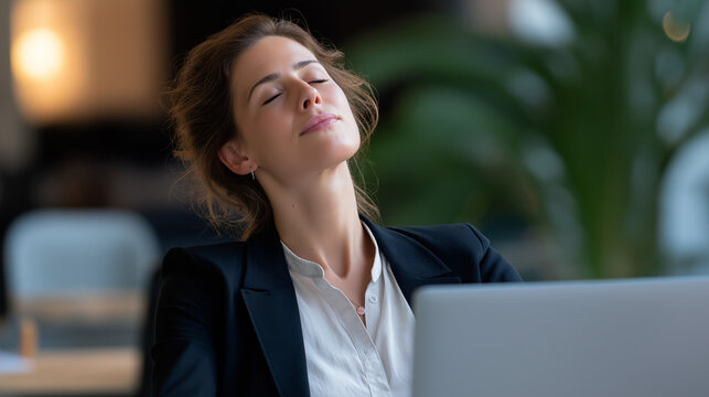 Faceless young businesswoman practicing deep breathing at workplace desk defocused laptop background anonymous employee relieving work stress meditation and mindfulness