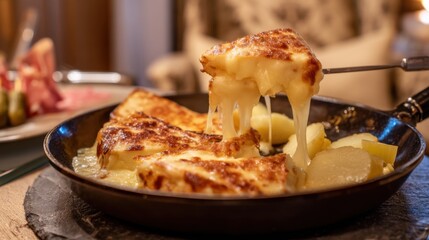 A melted cheese dish is served in a skillet with potatoes. The restaurant setting has warm lighting and cozy decor. Diners enjoy the food and atmosphere during dinner.
